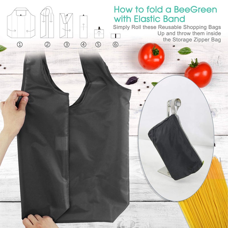 BeeGreen 10 Pack Black Reusable Grocery Bags with Storage Pouch Reusable Shopping Bags Bulk with Elastic Band 50LBS X-Large-Foldable-Washable-Heavy Duty-Waterproof Grocery Tote Bags - Image 3